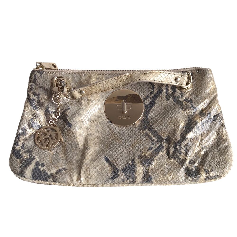 DKNY Snakeskin Chain Strap Shoulder Bag Convertible Zip Top Metallic Going Out - Picture 4 of 16